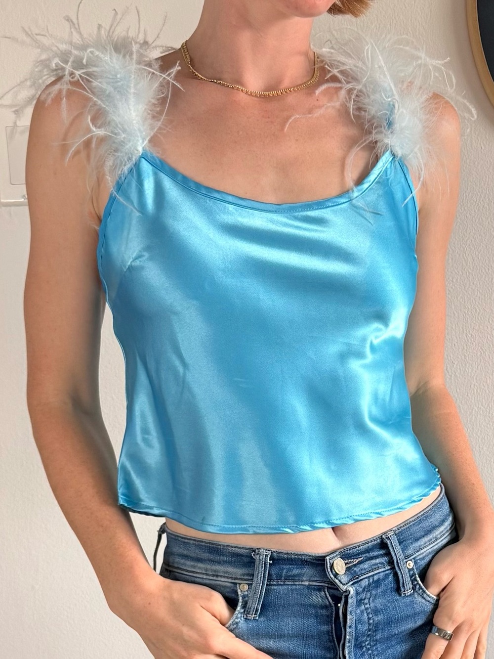 Cake Blue Satin Feather Strap Tank Top